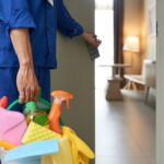 unrecognizable-cleaner-walking-into-hotel-room-with-tools-detergents-min